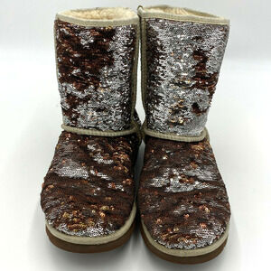 UGG S/N 3353 Classic Short Sparkle Sequin Boots Reversible Gold Bronze Size 8